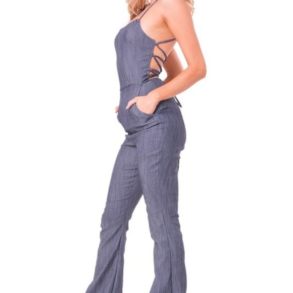 Sale.. Wide Leg Open Back Denim Jumpsuit - Picture 3 of 7